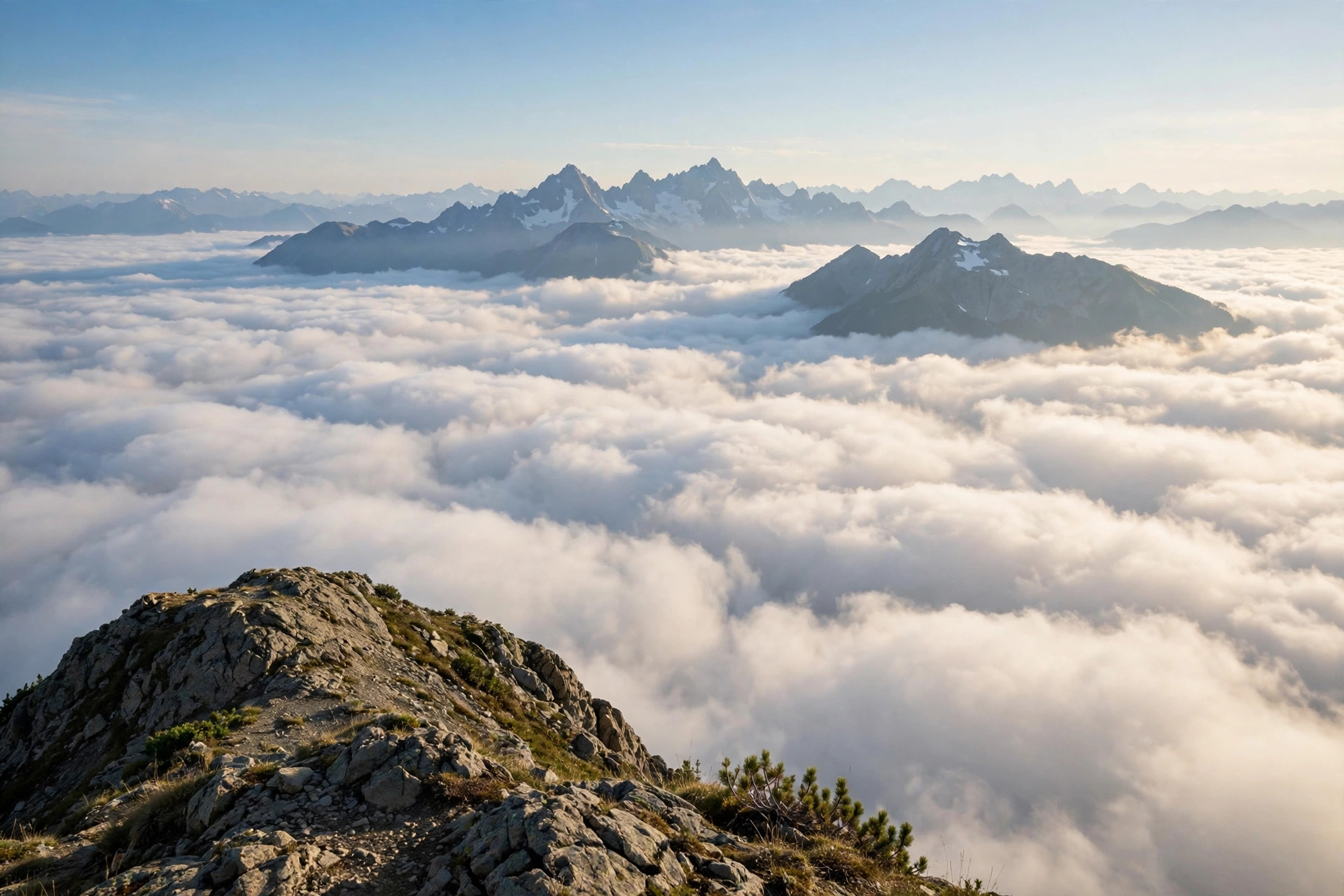 Above a sea of clouds from a mountain summit in summer morning light